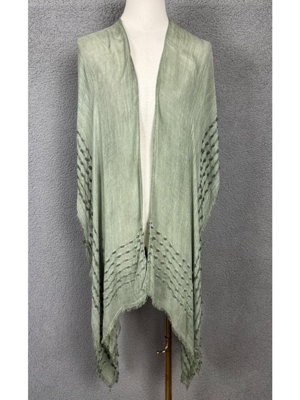 Breezy Lane Women's Green Open Front Lightweight Cover-Up Fringe Trim O/S NWOT.